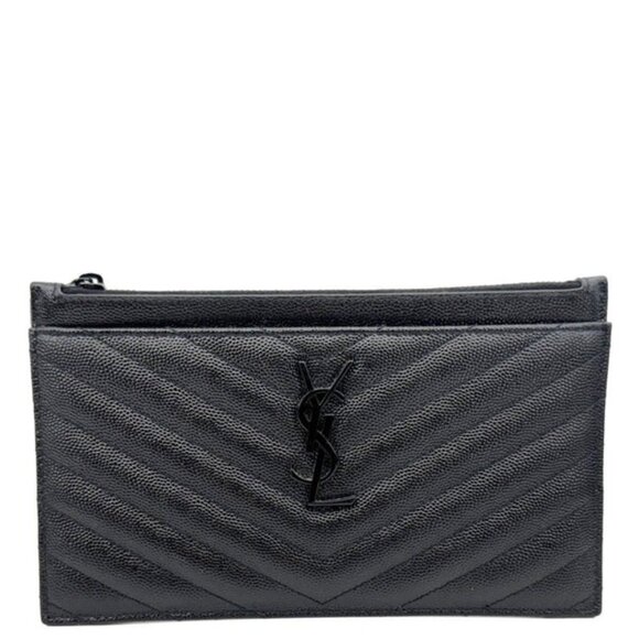 Yves Saint Laurent Handbags - Yves Saint Laurent Monogram Bill Grain De Poudre Chevron Leather Zip Pouch Black